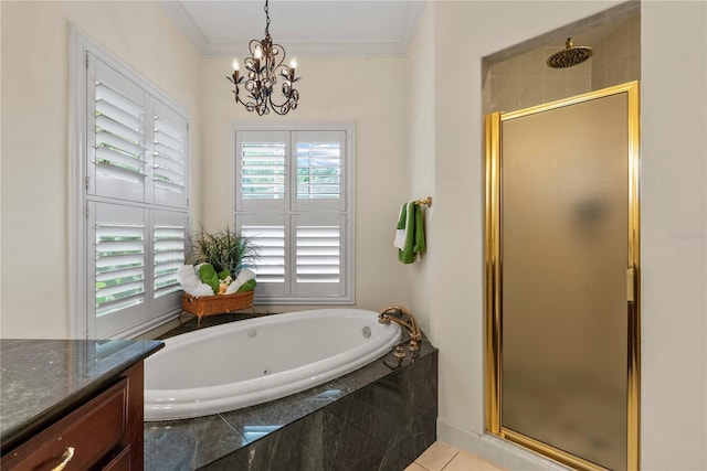 bathroom featuring tile patterned flooring, vanity, separate shower and tub, a notable chandelier, and crown molding