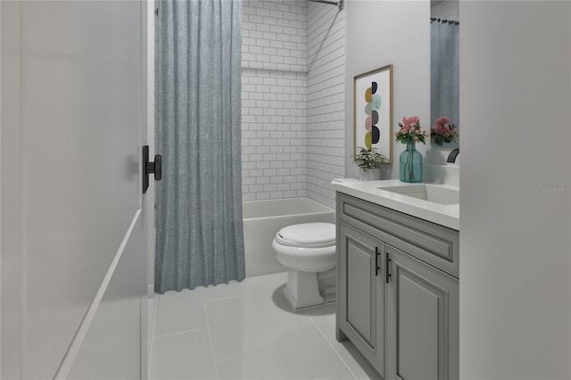 full bathroom featuring toilet, vanity, tile patterned floors, and shower / tub combo with curtain