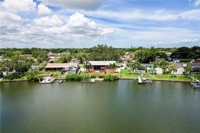 view of water feature with a dock