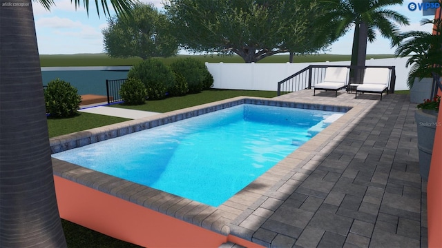 view of swimming pool featuring a water view and a patio