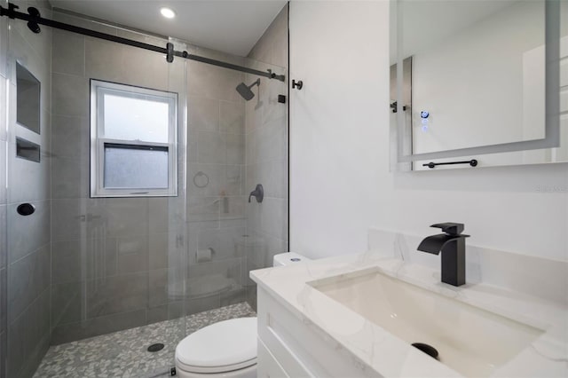 bathroom with vanity, toilet, and walk in shower