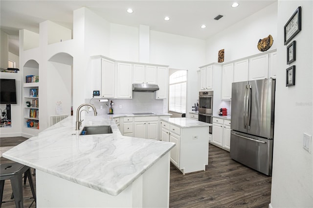 kitchen with a sink, white cabinetry, a peninsula, under cabinet range hood, and stainless steel appliances