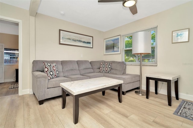 living room featuring ceiling fan and light hardwood / wood-style floors