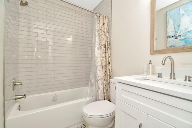 full bathroom featuring shower / bath combo with shower curtain, vanity, and toilet