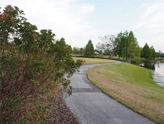 surrounding community featuring a lawn and a water view