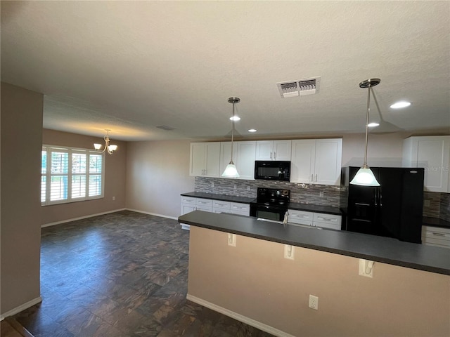 kitchen featuring black appliances, dark countertops, backsplash, and visible vents