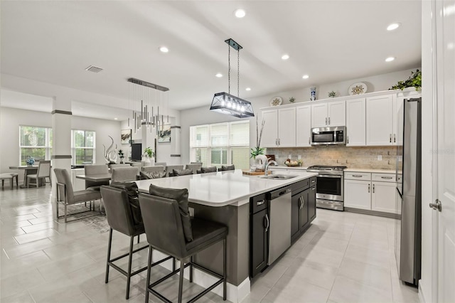 kitchen with sink, decorative light fixtures, a kitchen island with sink, white cabinets, and appliances with stainless steel finishes