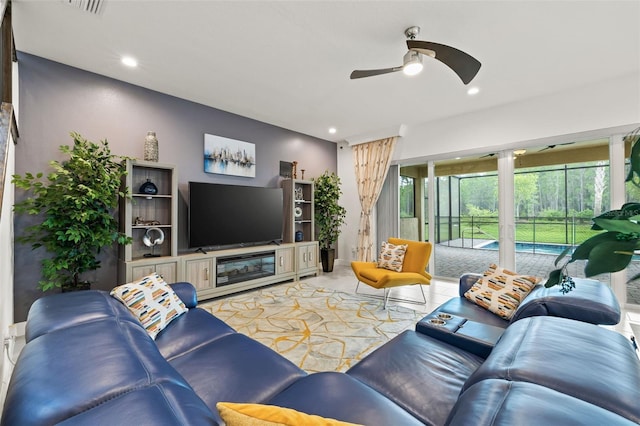 living room featuring ceiling fan