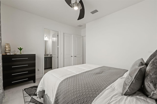 bedroom featuring connected bathroom, ceiling fan, and a closet