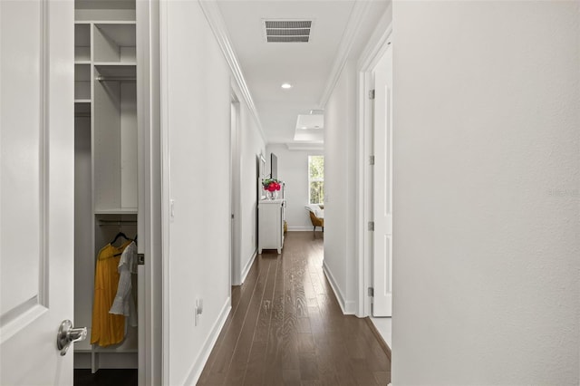 hall featuring dark hardwood / wood-style floors and crown molding