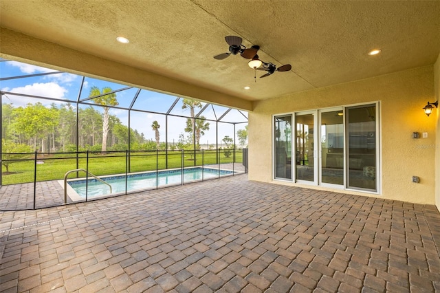 exterior space with ceiling fan and a lanai