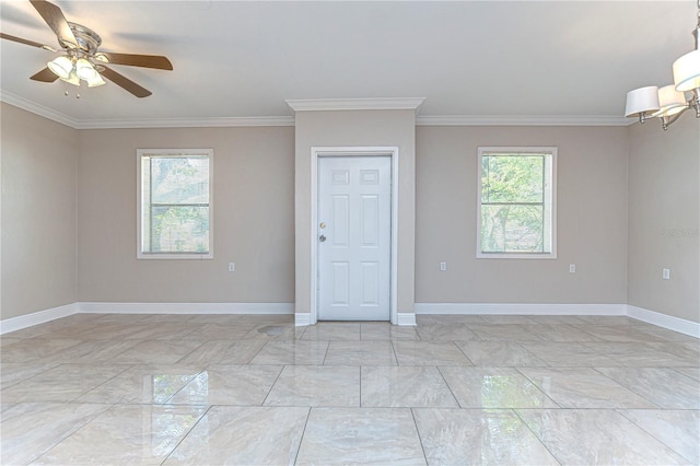 unfurnished room with crown molding, ceiling fan, and a healthy amount of sunlight