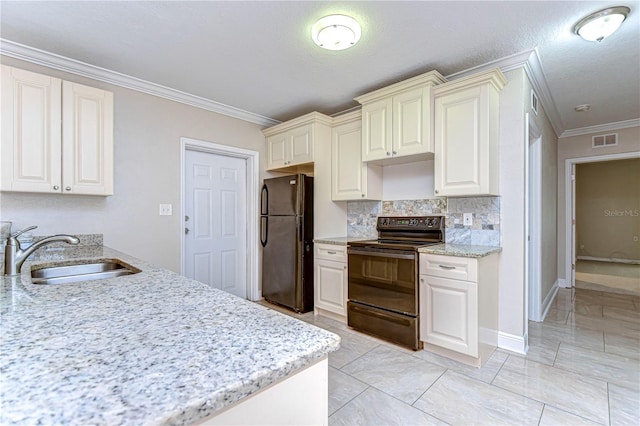 kitchen featuring black appliances, backsplash, ornamental molding, and sink