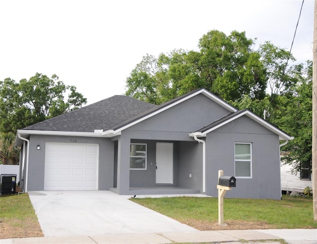 ranch-style home with a garage, cooling unit, concrete driveway, and stucco siding