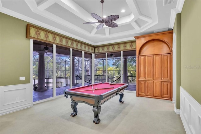 playroom featuring light colored carpet, ceiling fan, ornamental molding, and billiards