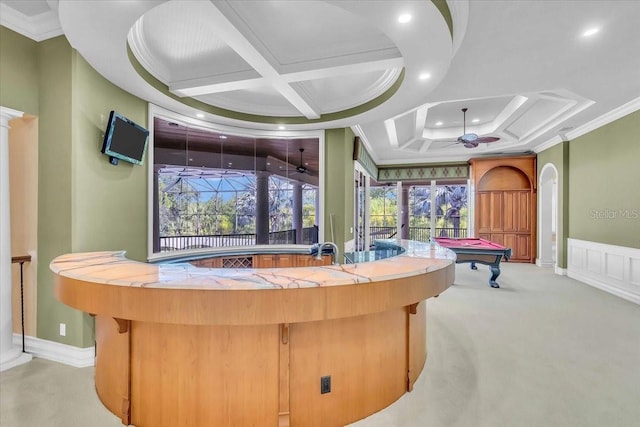 rec room featuring light colored carpet, ornamental molding, coffered ceiling, and a hot tub