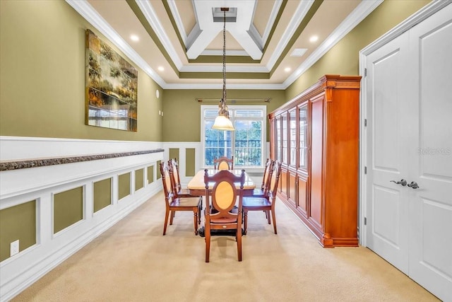 carpeted dining room featuring crown molding, beamed ceiling, and coffered ceiling