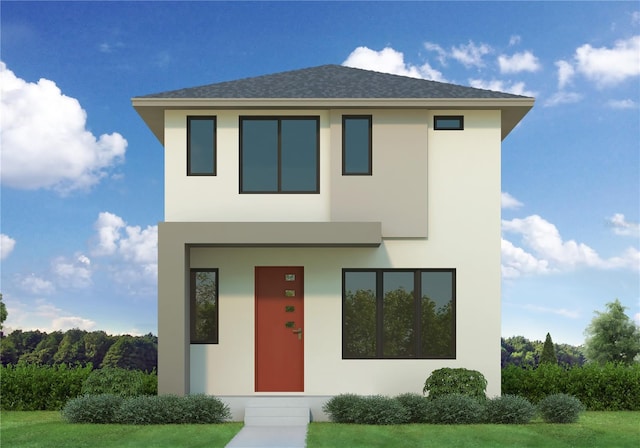 contemporary house featuring stucco siding, a shingled roof, and a front yard