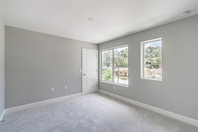 spare room featuring light colored carpet and a textured ceiling