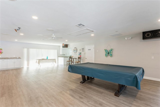 recreation room with attic access, billiards, visible vents, and light wood-style floors