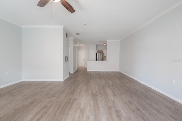 unfurnished living room with light hardwood / wood-style floors, ceiling fan, and crown molding