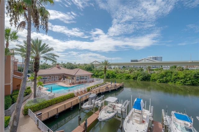 dock area featuring a water view and a community pool