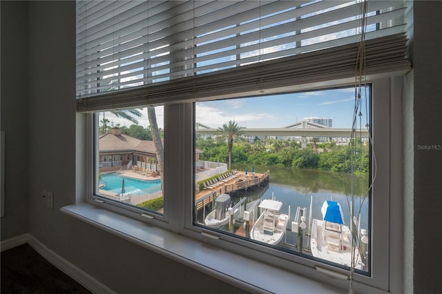 interior details with a water view