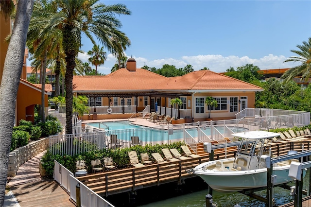 view of swimming pool featuring a patio area and a water view