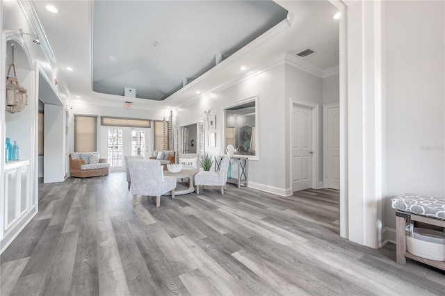 living room featuring french doors, a towering ceiling, ornamental molding, a tray ceiling, and hardwood / wood-style flooring