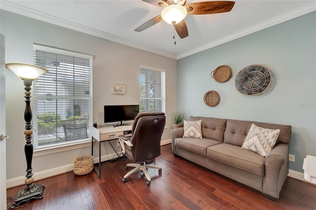 office area featuring ceiling fan, dark wood-type flooring, and ornamental molding