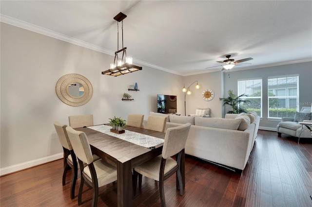 dining area with ceiling fan, dark hardwood / wood-style flooring, and crown molding