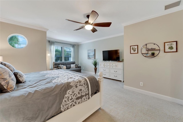 bedroom with ceiling fan, carpet, and ornamental molding