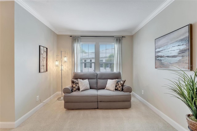 living area with light colored carpet and ornamental molding