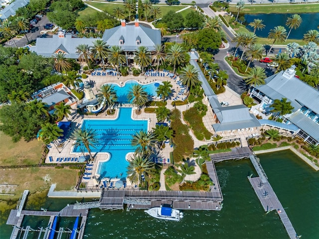 birds eye view of property featuring a water view