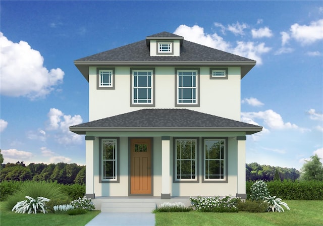 traditional style home featuring a front lawn, a porch, roof with shingles, and stucco siding