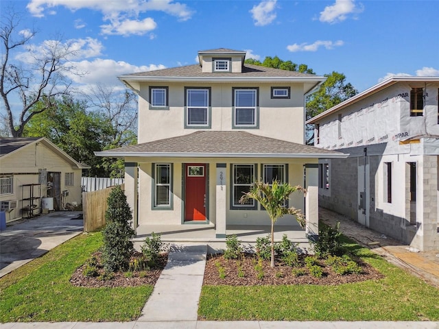 traditional style home featuring covered porch, a shingled roof, fence, and stucco siding