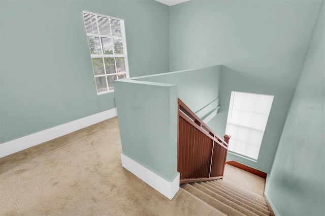 staircase with baseboards and carpet flooring