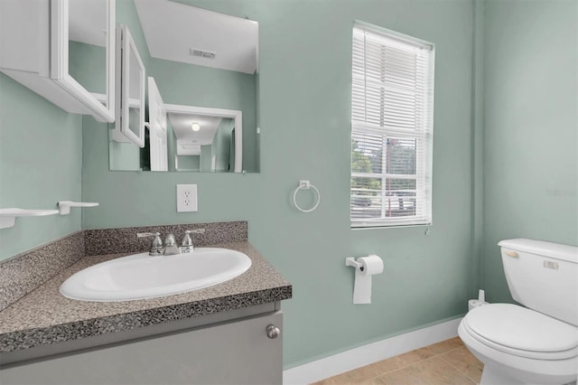 half bathroom with baseboards, visible vents, toilet, tile patterned floors, and vanity