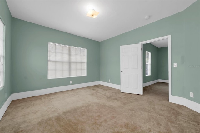 spare room featuring baseboards, a wealth of natural light, and light colored carpet