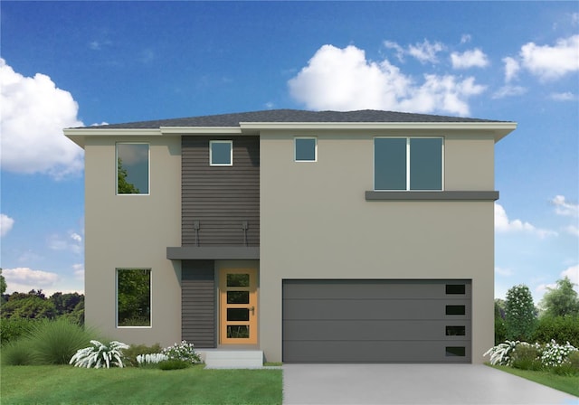 contemporary house featuring a garage, concrete driveway, and stucco siding