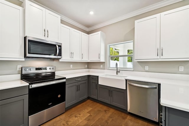 kitchen featuring gray cabinetry, white cabinetry, sink, dark hardwood / wood-style flooring, and appliances with stainless steel finishes