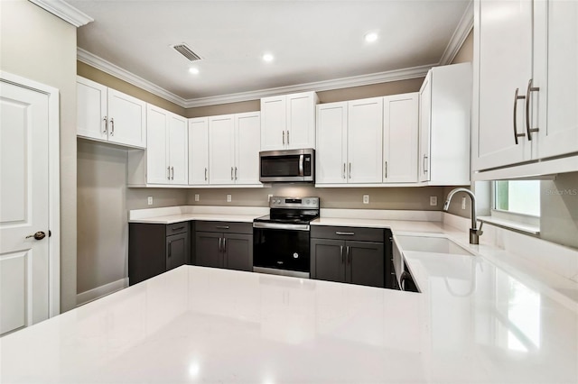 kitchen featuring white cabinets, stainless steel appliances, crown molding, and sink