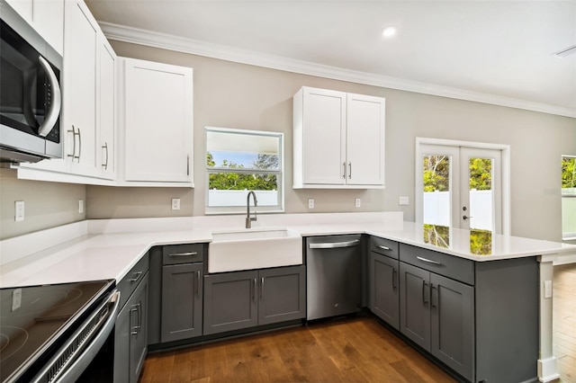 kitchen featuring white cabinetry, sink, french doors, kitchen peninsula, and appliances with stainless steel finishes