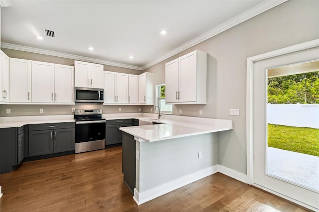 kitchen featuring a sink, light countertops, appliances with stainless steel finishes, and gray cabinets