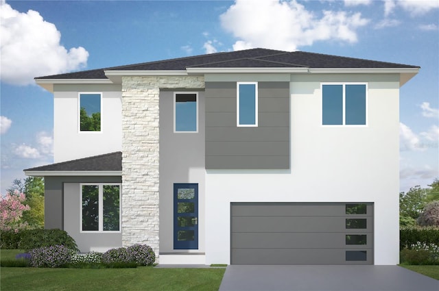 view of front of home featuring stucco siding, an attached garage, a front yard, stone siding, and driveway