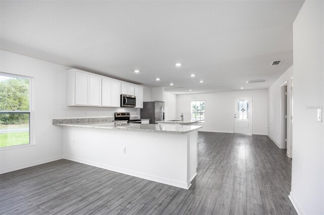 kitchen featuring white cabinets, hardwood / wood-style flooring, light stone counters, kitchen peninsula, and stainless steel appliances