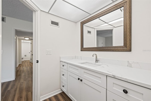 bathroom with vanity, wood-type flooring, and a textured ceiling