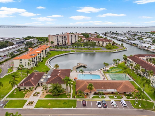 birds eye view of property featuring a water view