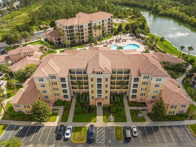 drone / aerial view featuring a water view