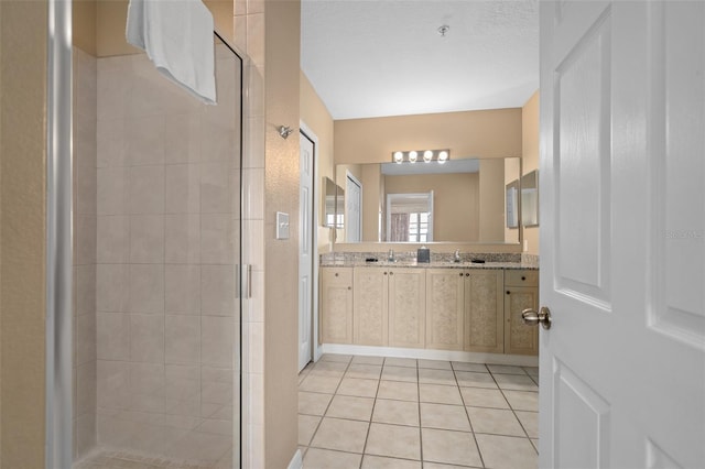 bathroom with tile patterned floors, vanity, and a shower with shower door